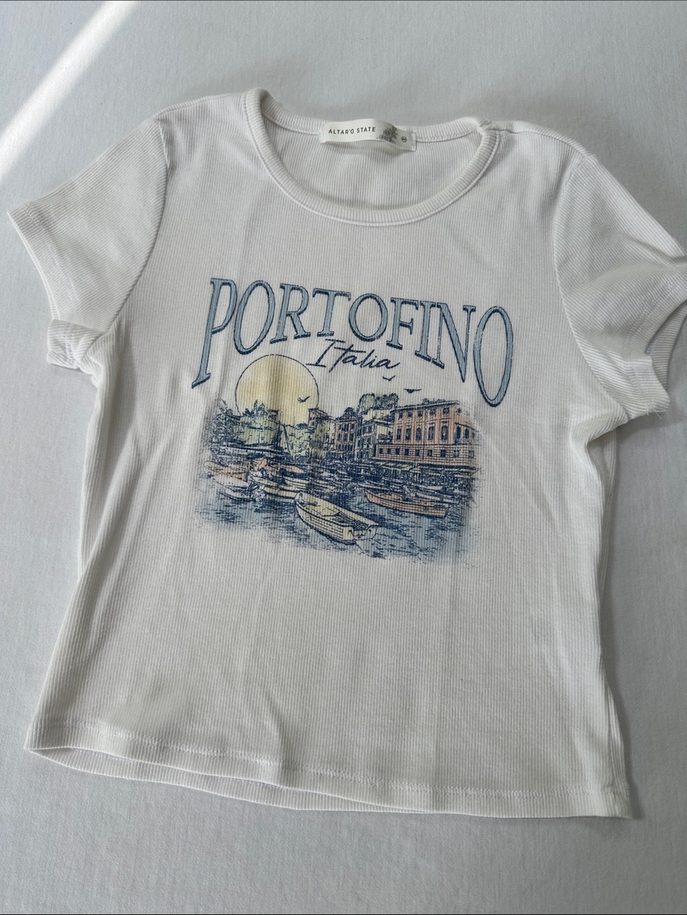 Altar'd State White Portofino Graphic baby T. Size M